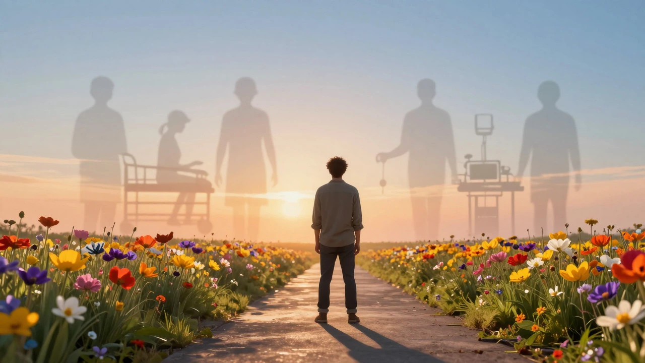 Person walking towards sunrise leaving medical shadows behind