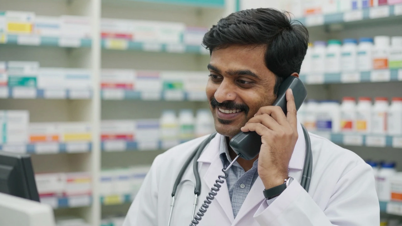 Pharmacist answering phone call in well-stocked Indian pharmacy