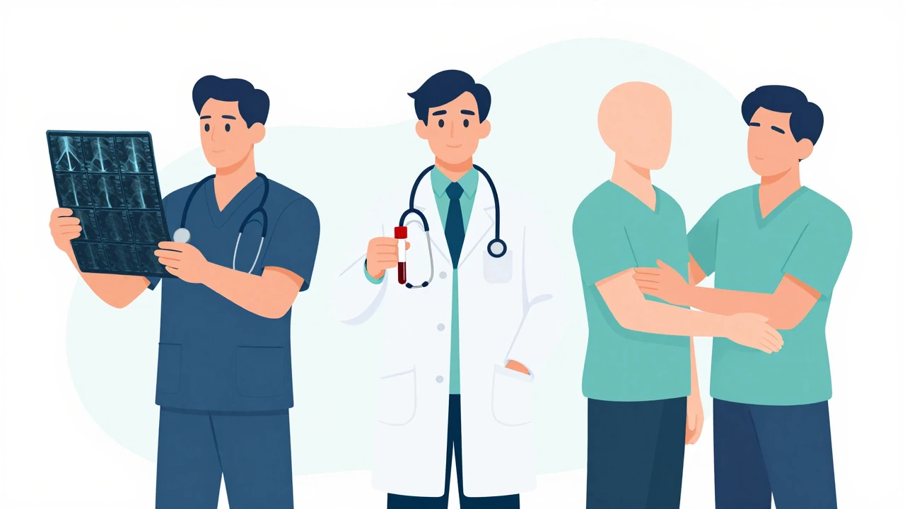 Three medical specialists representing orthopedics, rheumatology, and physiotherapy