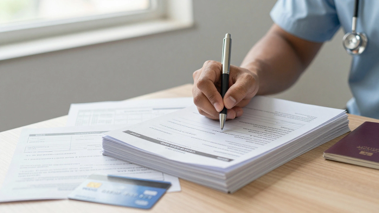 Traveler signing medical bills and receipts for insurance claim abroad