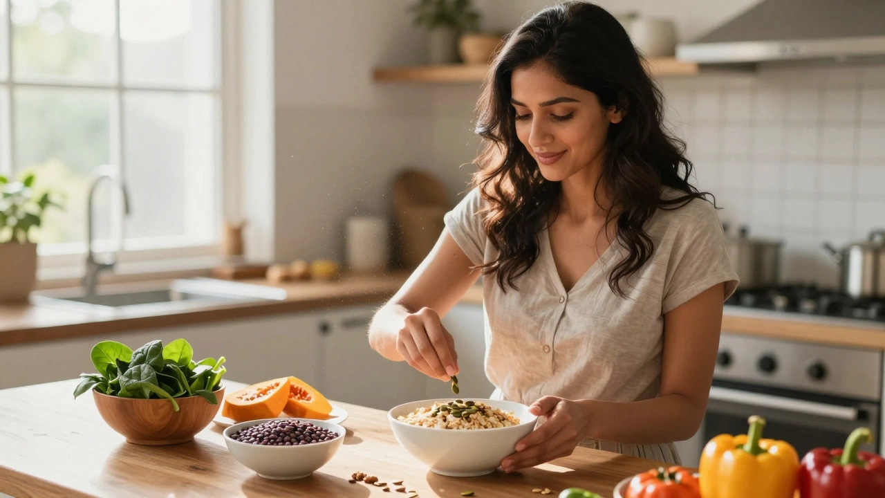 Woman adding nuts and seeds to breakfast in a sunlit Indian kitchen