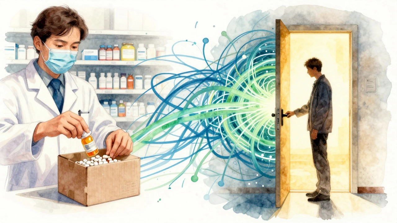 Artistic blend of pharmacist hands and abstract data streams leading to a person opening a door.
