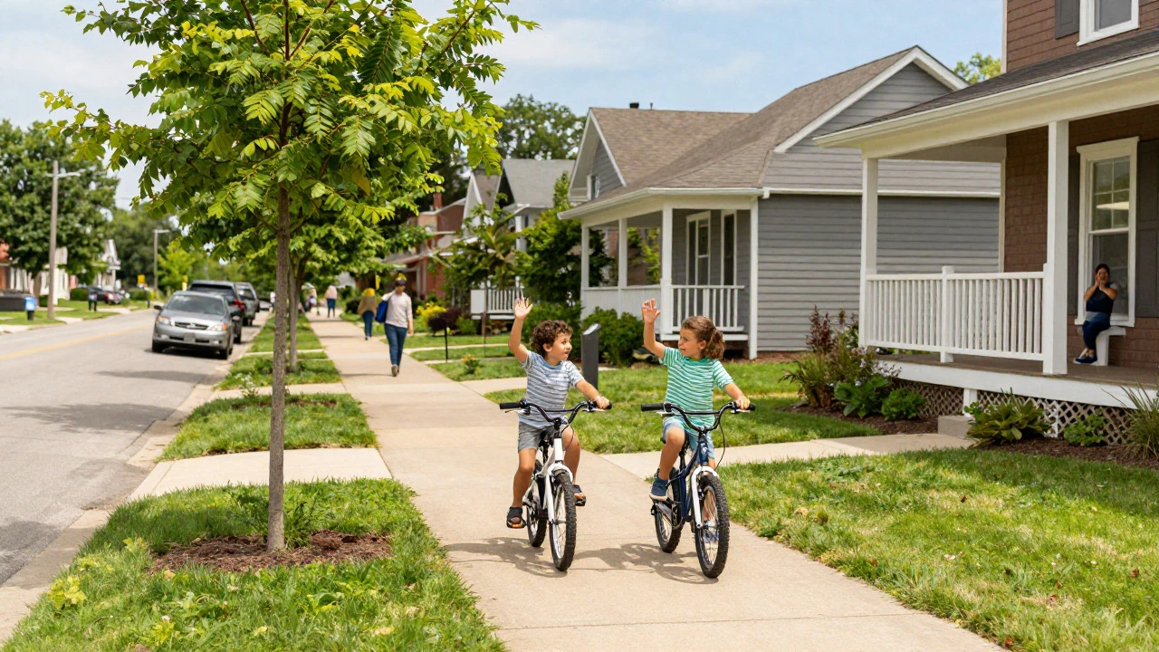 Children biking safely in a clean, walkable neighborhood under clear skies.