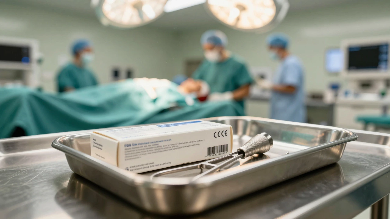 Close-up of unbranded surgical implants on a tray in a busy operating room