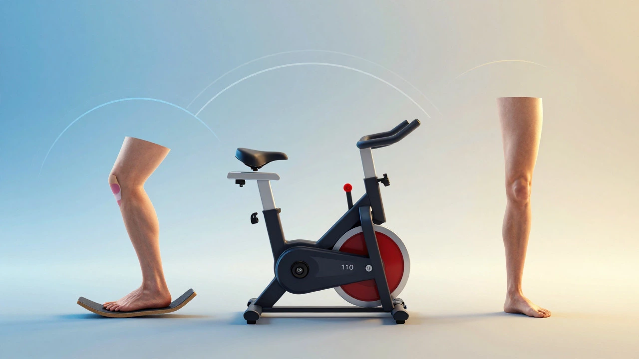 Conceptual art depicting three stages of knee flexion recovery progress.
