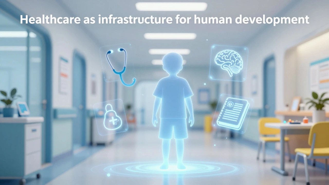 Conceptual art showing a child surrounded by healthcare and education symbols.