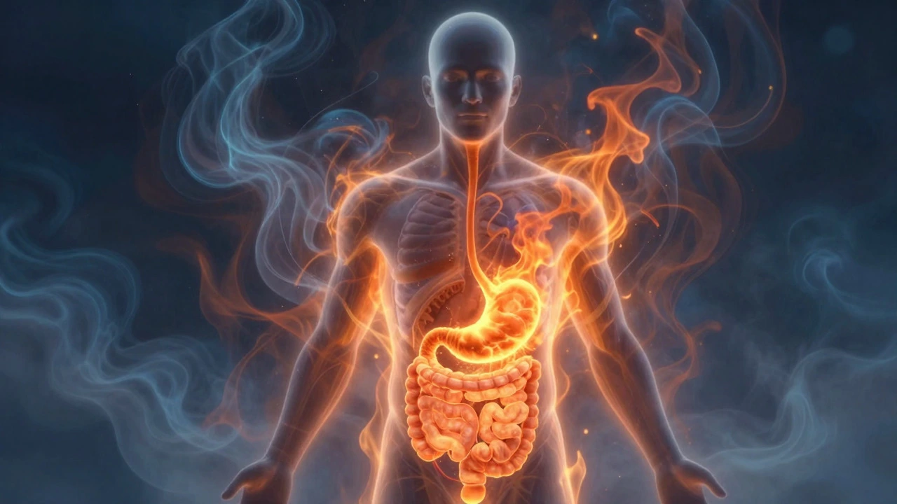 Conceptual art showing digestive fire dispersing toxins in a human silhouette