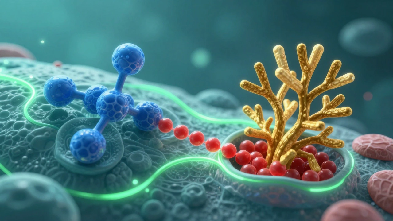 Conceptual illustration showing metformin and berberine molecules activating cell receptors for glucose uptake.