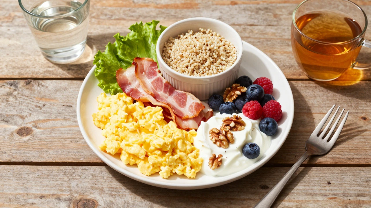 Healthy high-protein breakfast with eggs, yogurt, and nuts on a wooden table