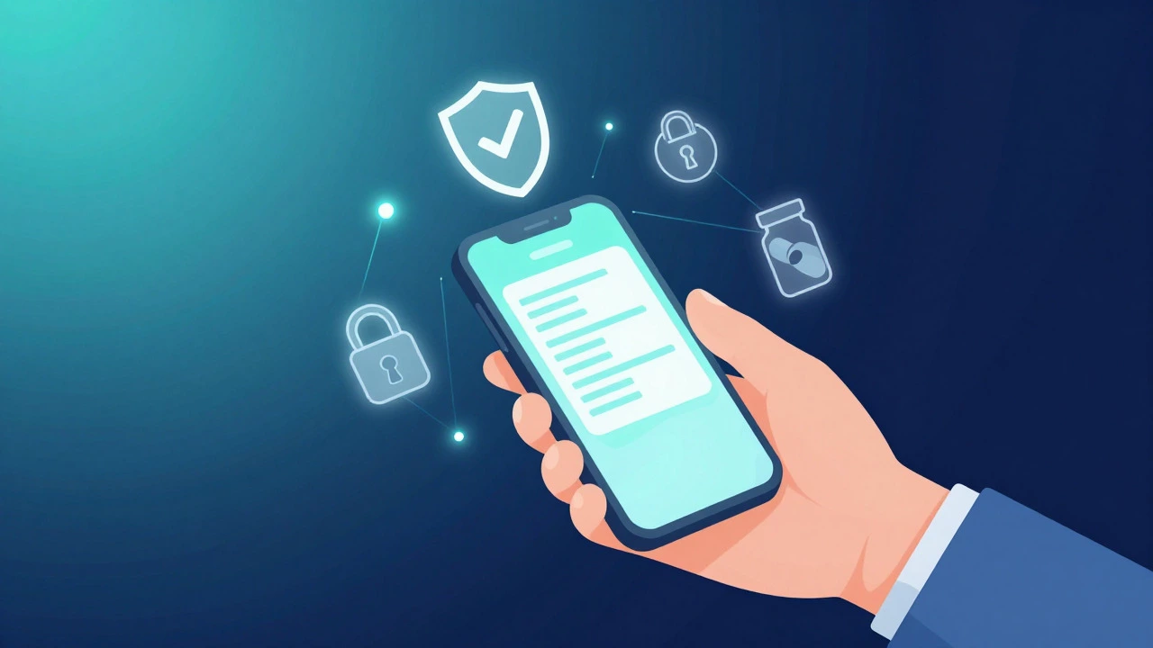 Illustration of a hand holding a phone with digital health icons, representing secure e-prescriptions.