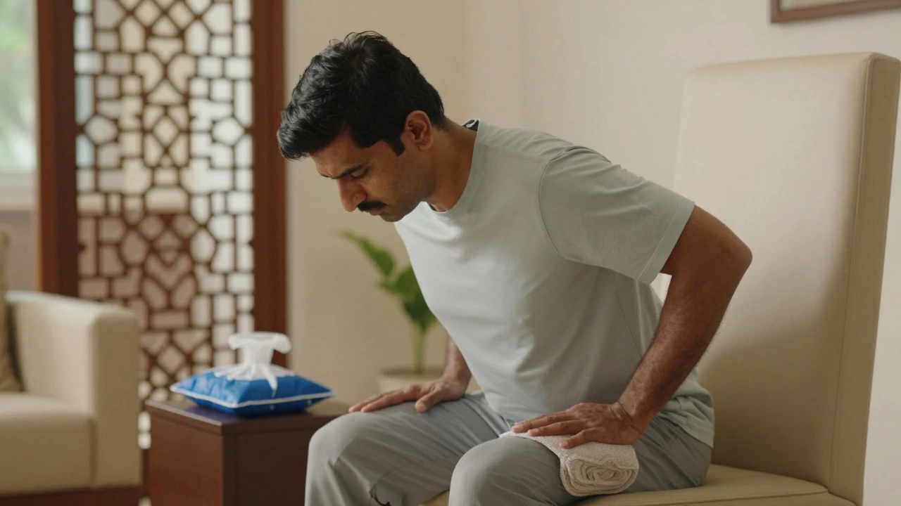 Patient performing seated lean exercise with towel support and ice pack nearby.