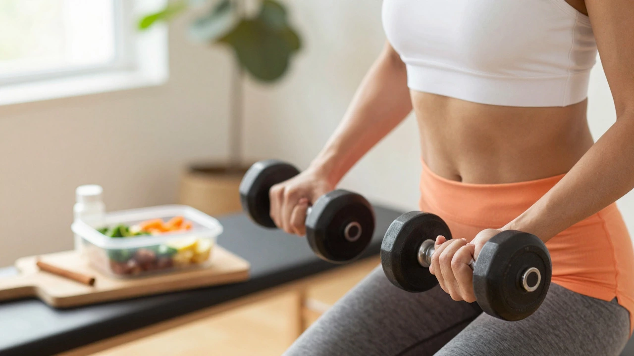 Person lifting weights in a home gym with healthy food and cinnamon in the background.