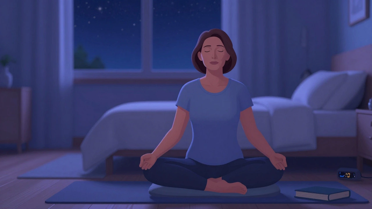 Woman meditating in a dark bedroom to promote sleep and reduce stress