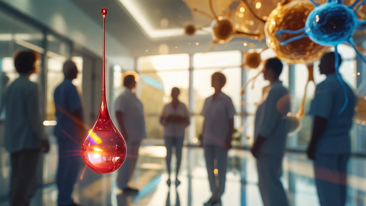 A blood droplet refracting light in front of hopeful patients, symbolizing early detection and immunotherapy advances.