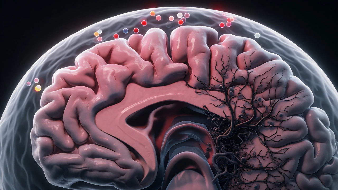 Cross-section of a brain showing glioblastoma roots invading tissue while blocked by the blood-brain barrier.