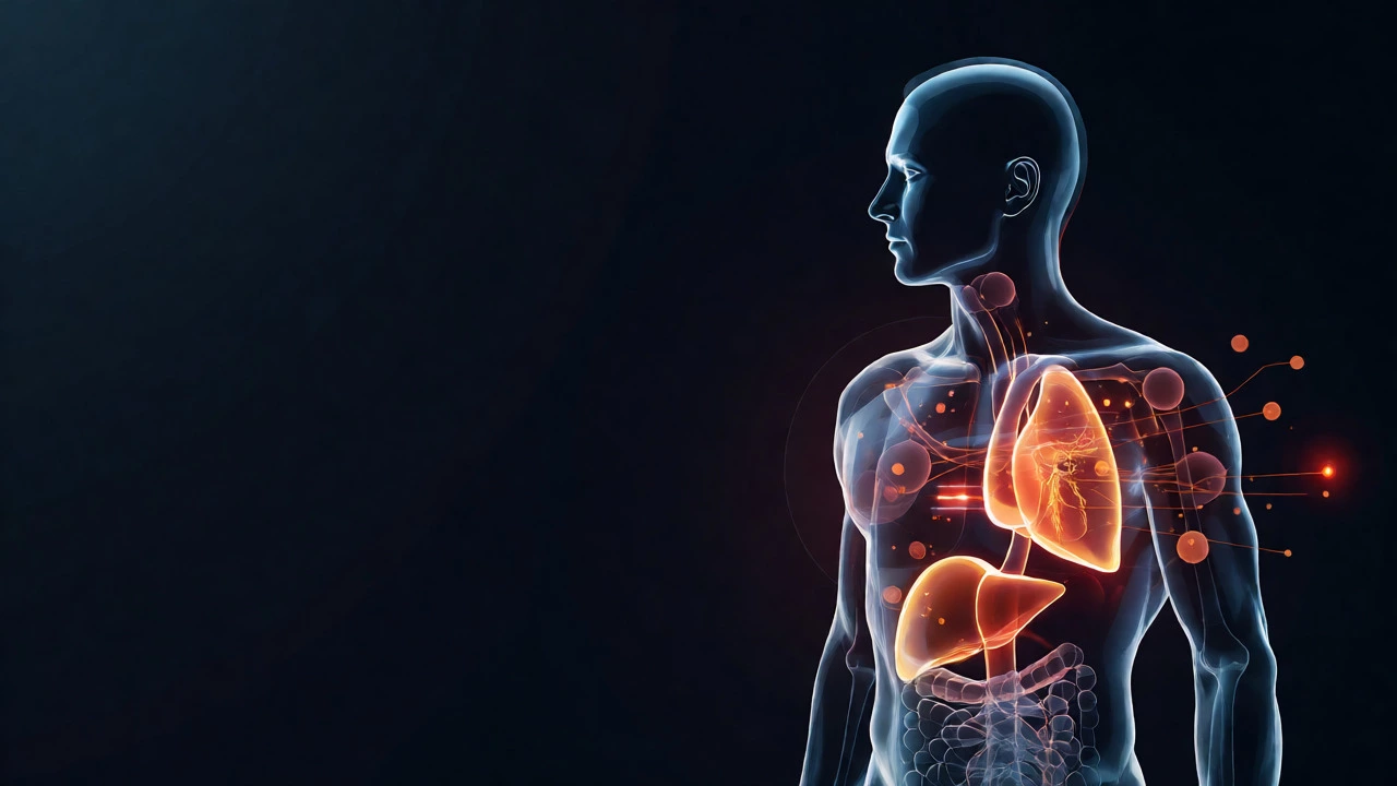 Digital illustration of a human silhouette with glowing heart and liver indicators.