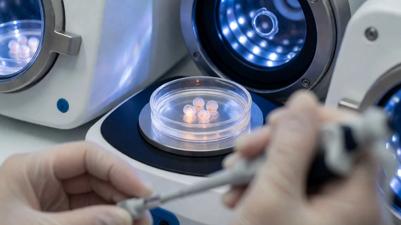 Embryos in a petri dish within a high-tech fertility lab