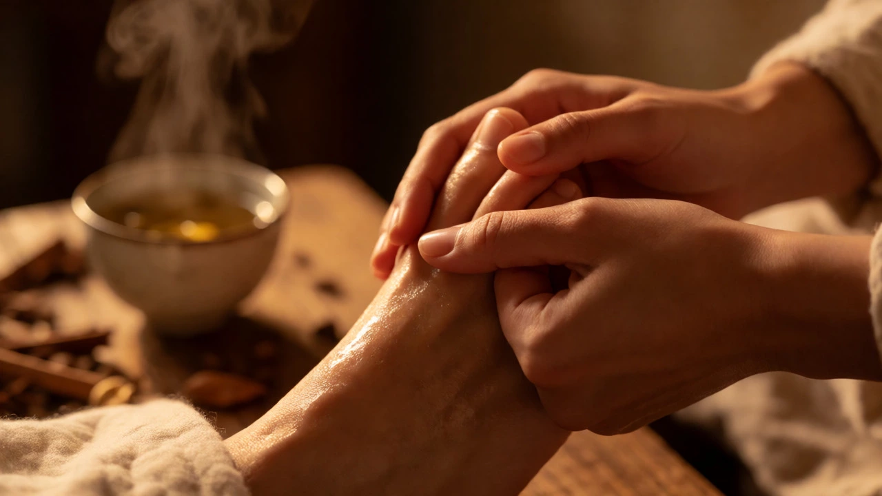 Feet massage with warm oil and herbal tea