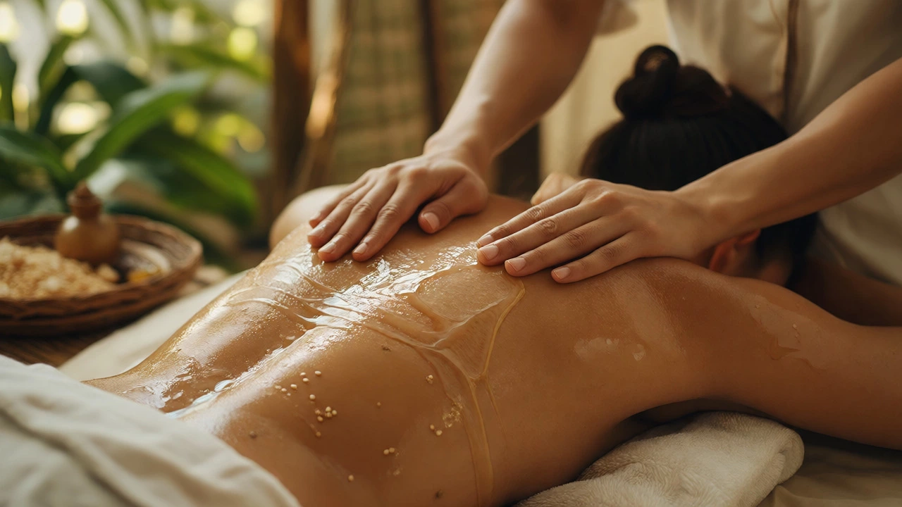 Hands applying warm herbal oil during an Ayurvedic Abhyanga massage