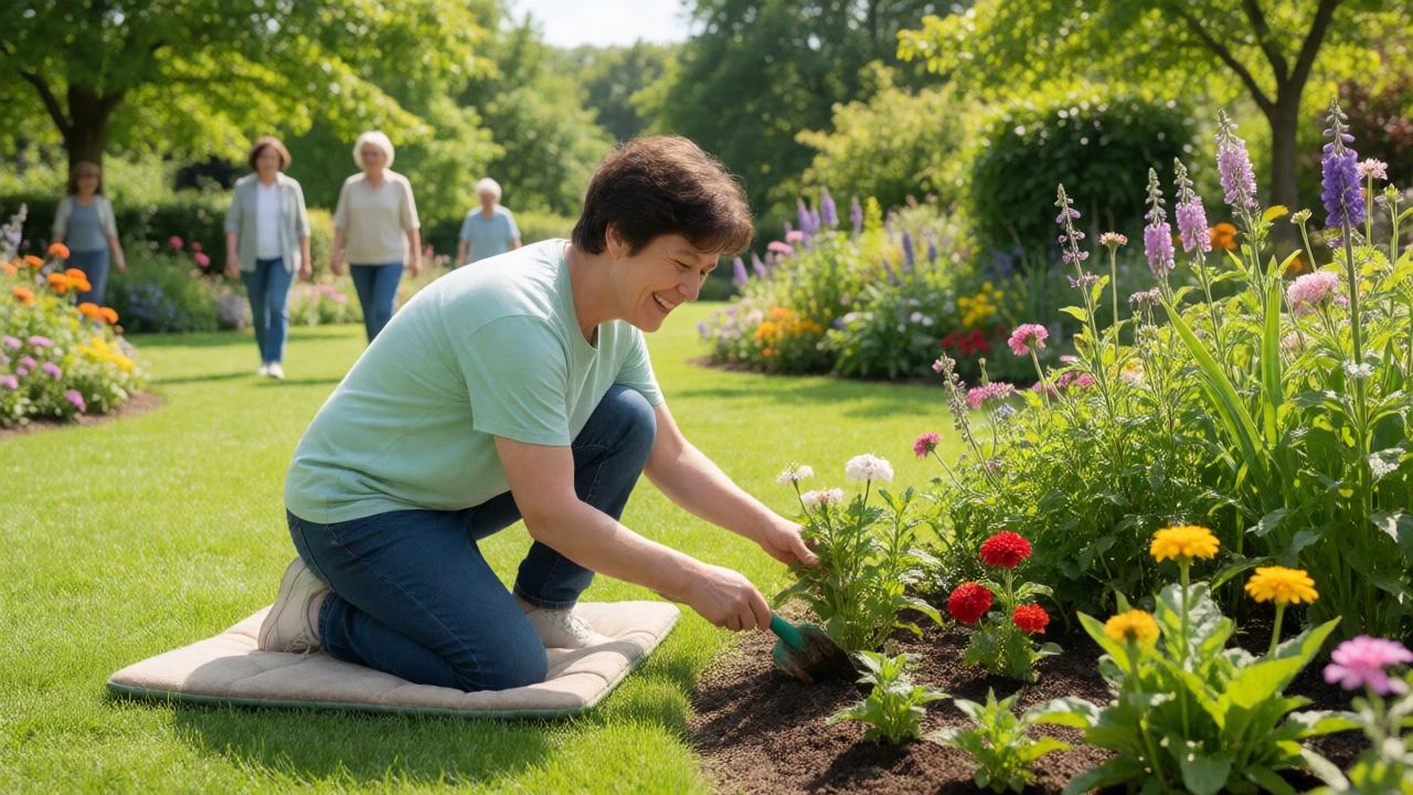 Happy patient gardening outdoors one year after total knee replacement surgery