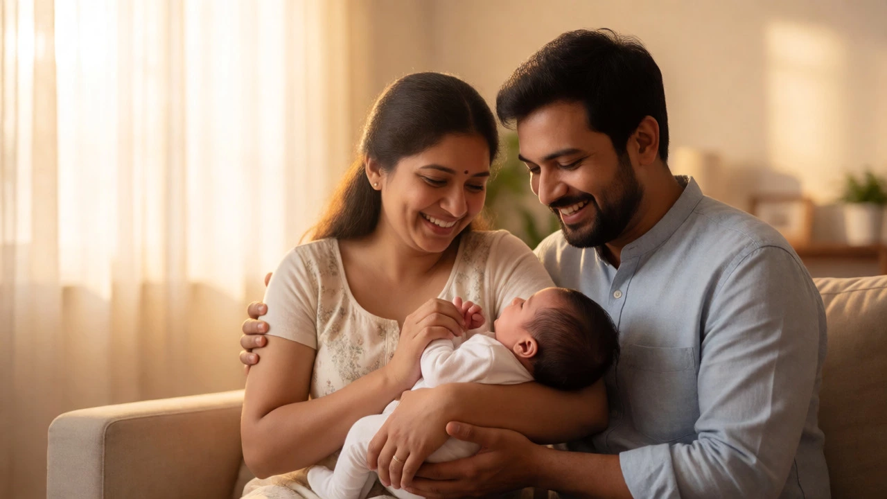 Joyful Indian parents holding their newborn baby at home