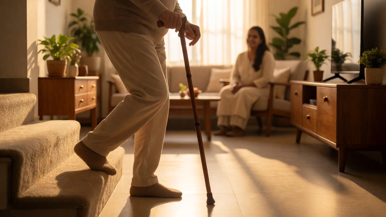 Person climbing stairs with cane during mid-stage knee replacement recovery at home