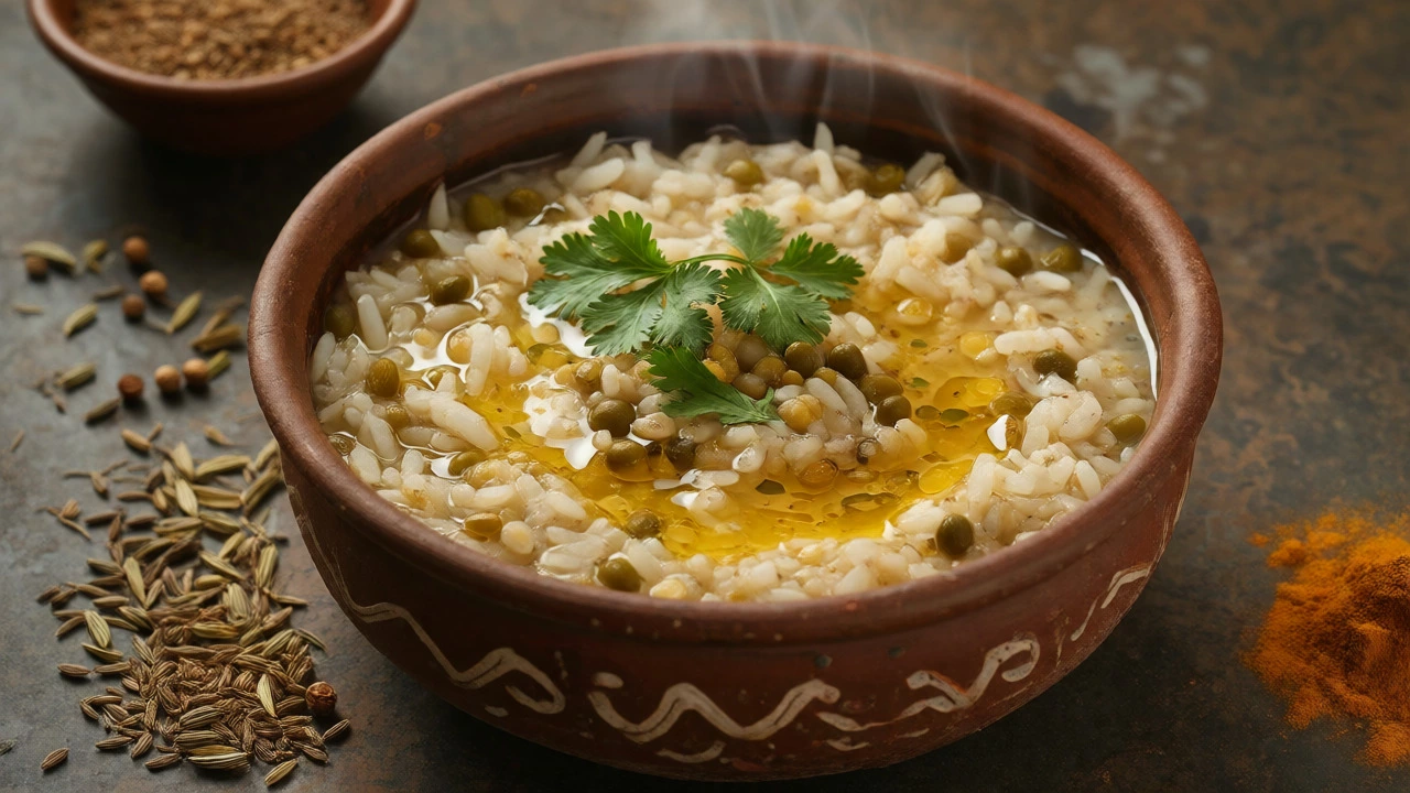 Rustic clay pot of Kitchari with ghee and spices on a stone surface