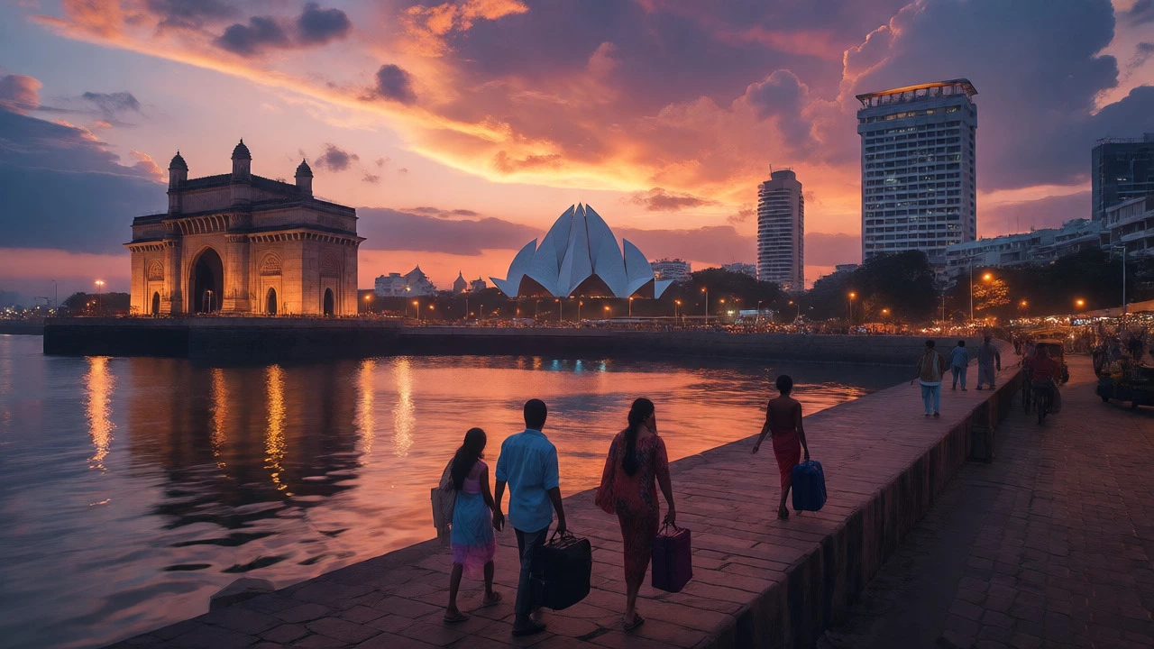 Aerial view of Indian cityscape at dusk with travelers