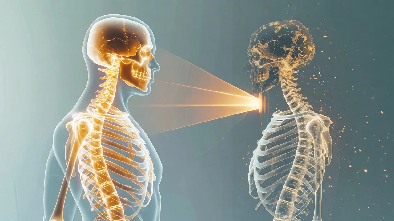 Artistic comparison of healthy dense bones versus porous osteoporotic bones.