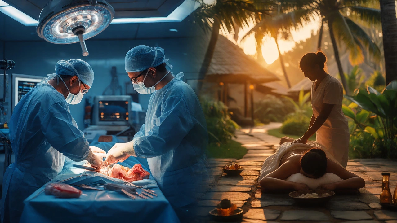 Contrast between high-tech surgery and traditional Ayurveda wellness