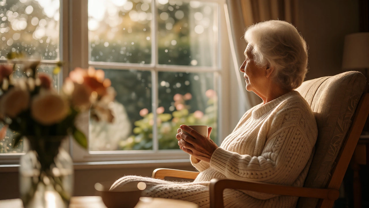 Elderly woman recovering peacefully in sunlit room with tea