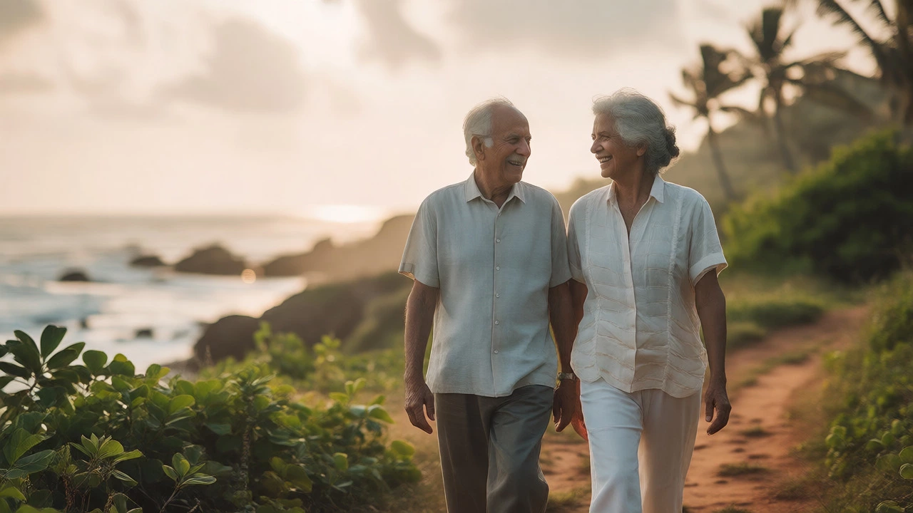 Happy elderly couple walking by the coast, enjoying life