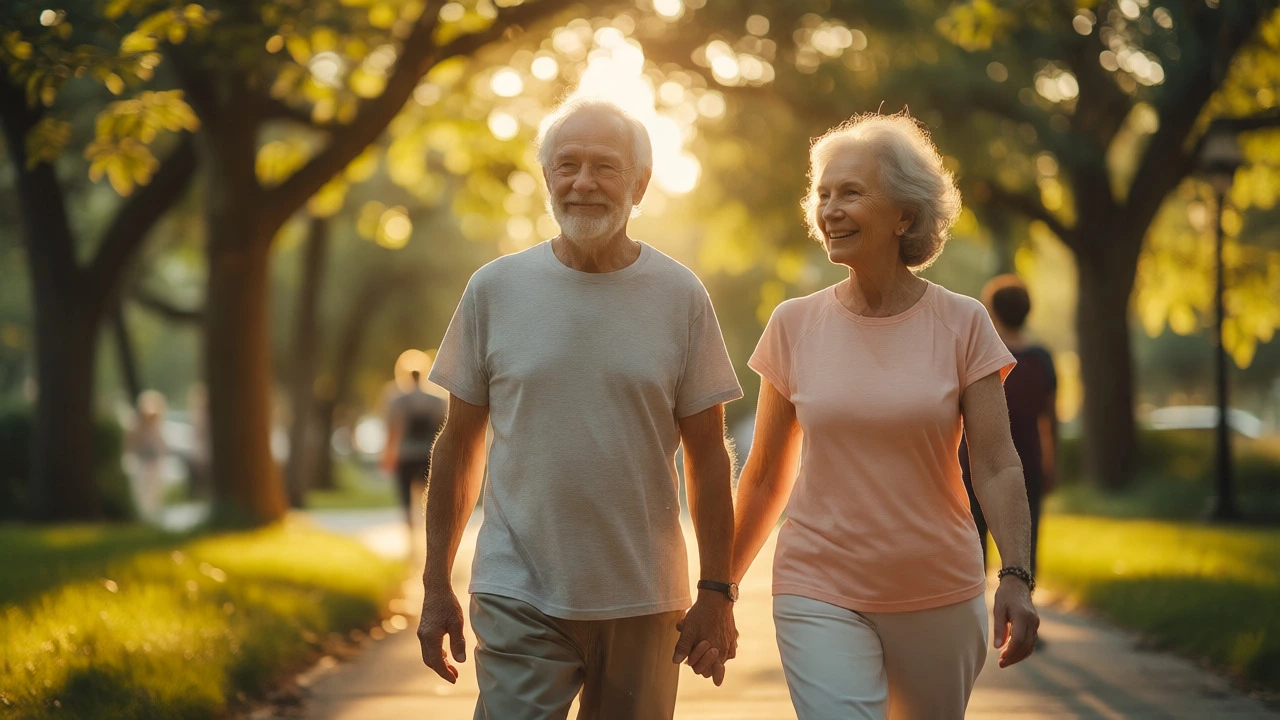 Healthy older couple walking happily in a sunny park