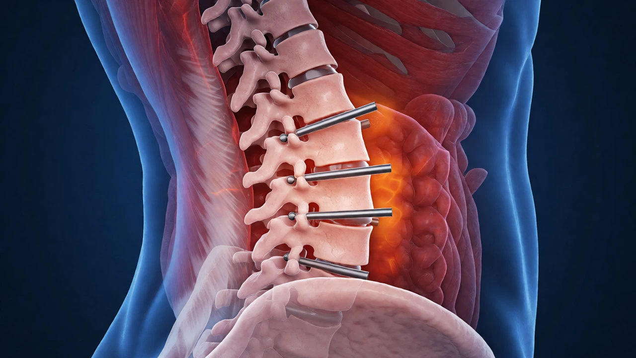 Medical illustration of spine with fusion hardware and inflammation