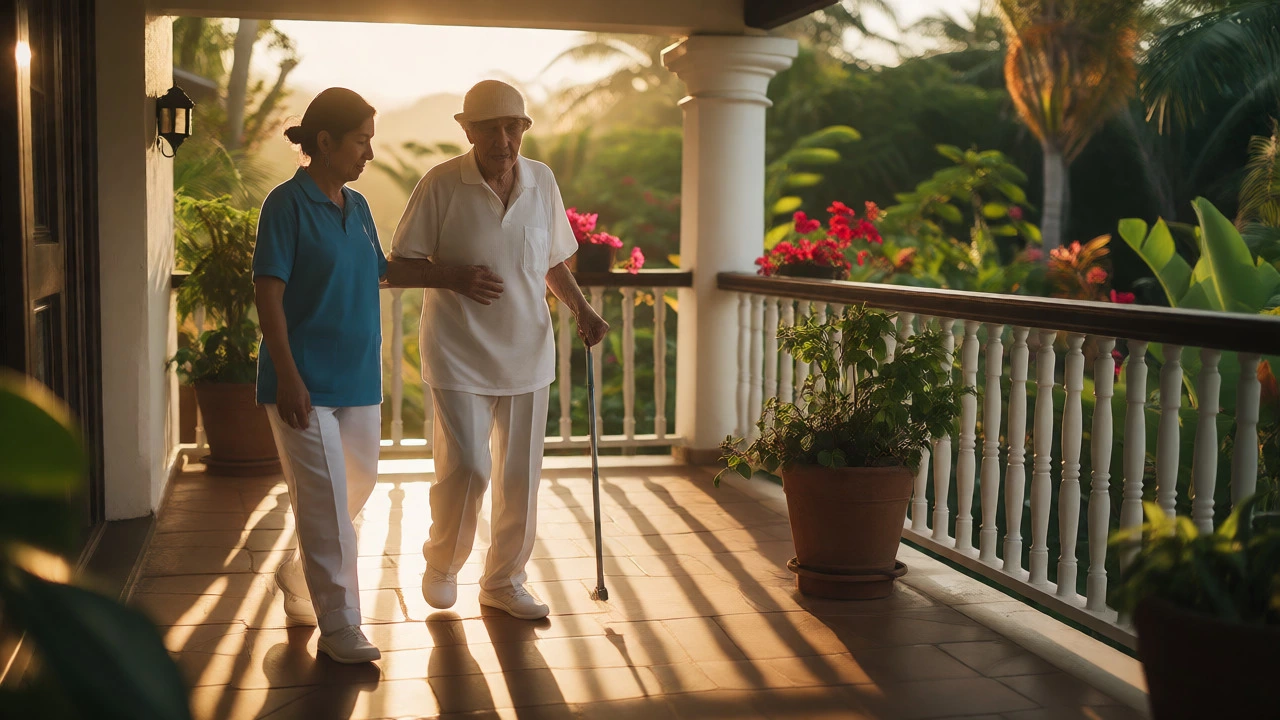 Patient recovering and walking on a sunny tropical balcony