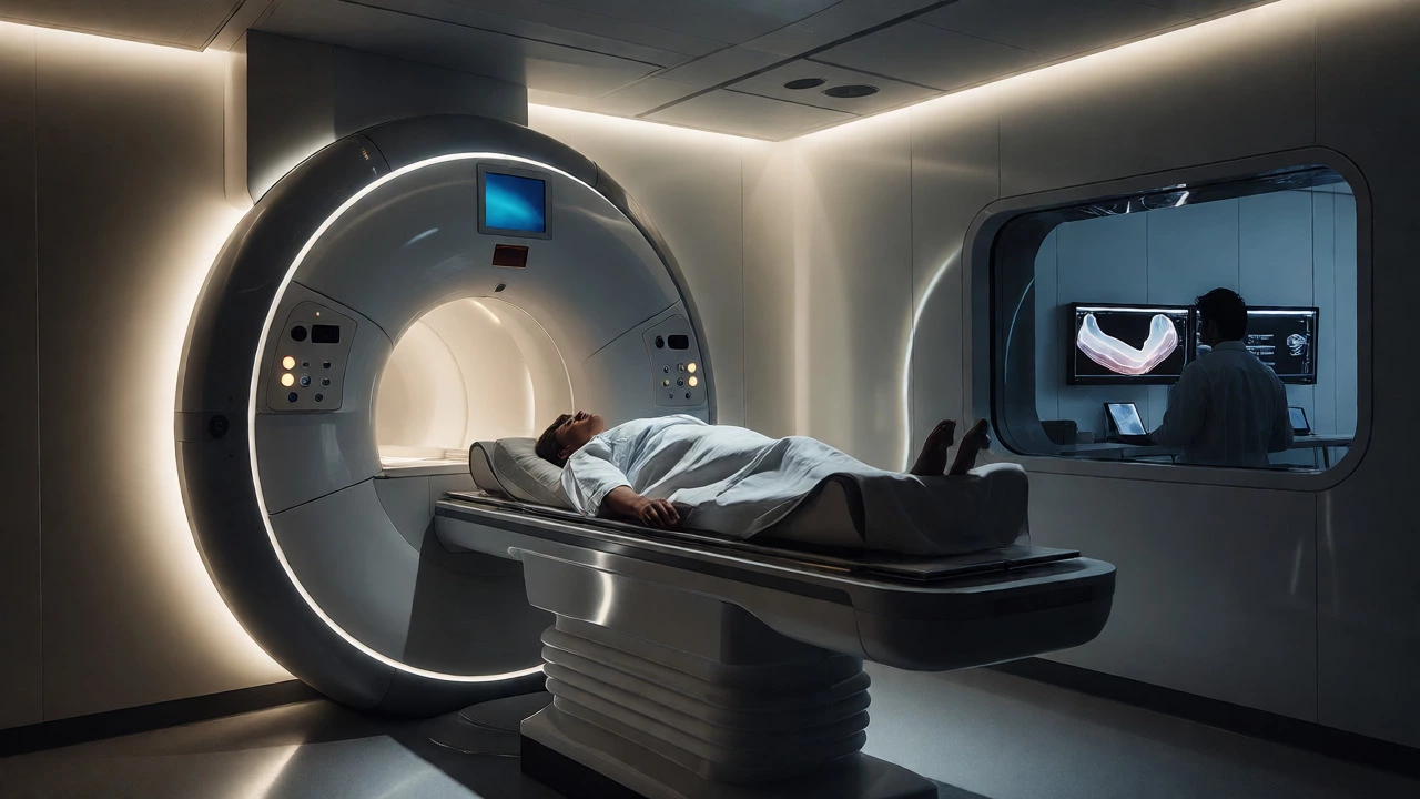 Patient undergoing an MRI scan while a radiologist reviews images in the control room.
