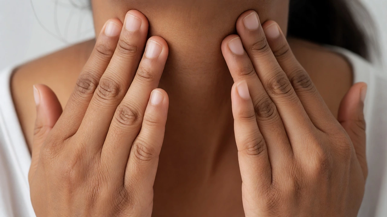 Person checking neck for lumps during self-examination